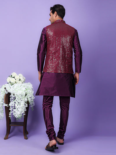 Hangup Men Partywear Embroidered  Purple Kurta Pyjama with Nehru Jacket set