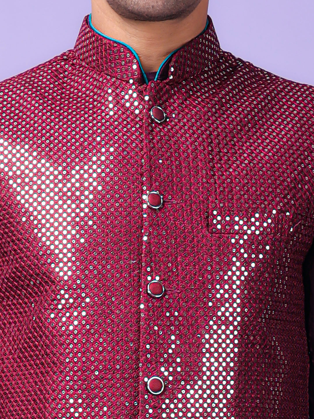 Hangup Men Partywear Embroidered  Purple Kurta Pyjama with Nehru Jacket set