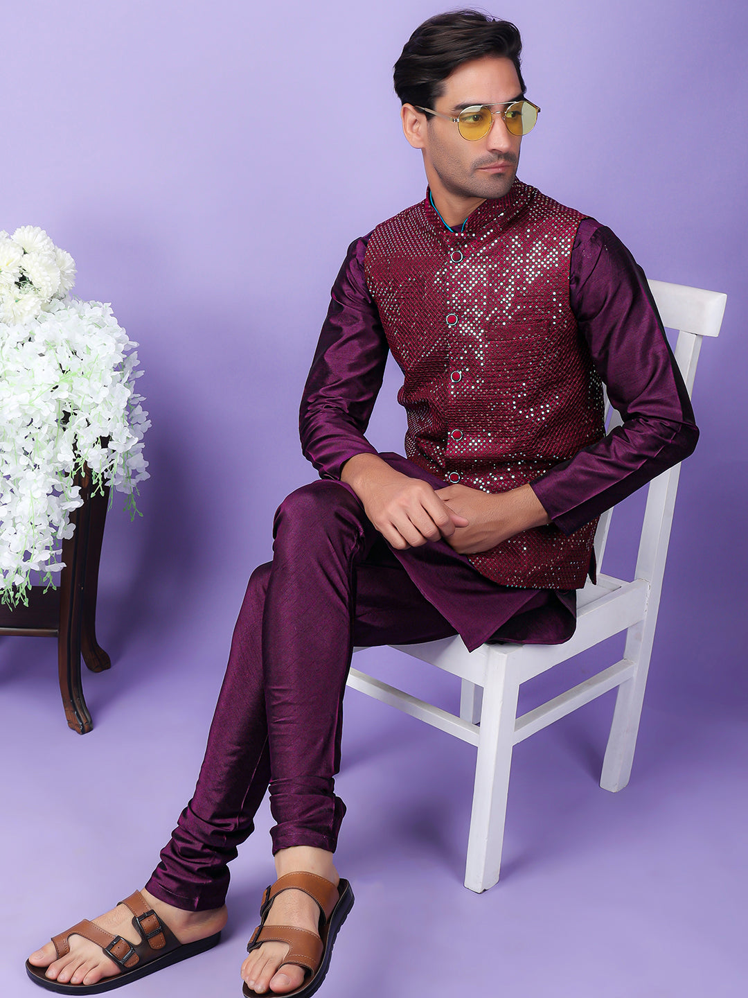 Hangup Men Partywear Embroidered  Purple Kurta Pyjama with Nehru Jacket set