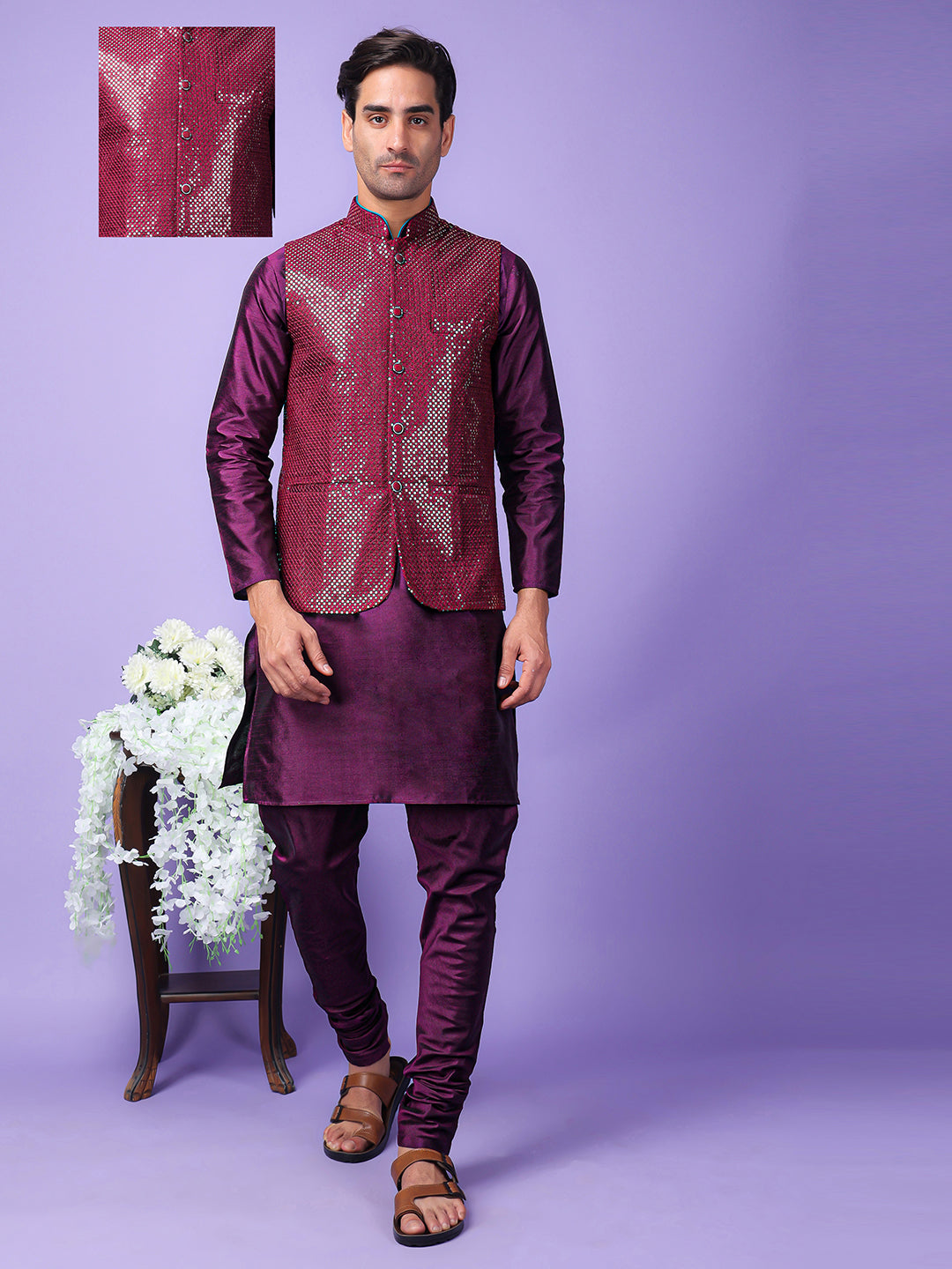 Hangup Men Partywear Embroidered  Purple Kurta Pyjama with Nehru Jacket set