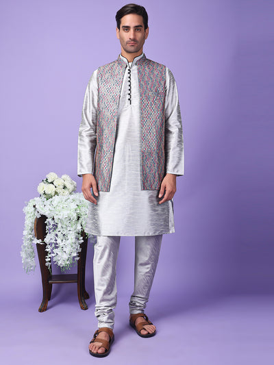 Hangup Men Partywear Embroidered  Grey Kurta Pyjama with Nehru Jacket set