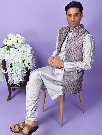 Hangup Men Partywear Embroidered  Grey Kurta Pyjama with Nehru Jacket set