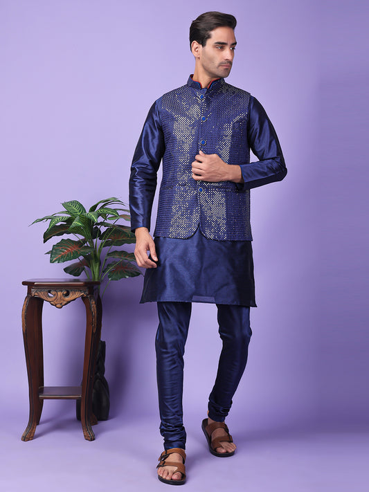 Hangup Men Partywear Embroidered  Navy Blue Kurta Pyjama with Nehru Jacket set