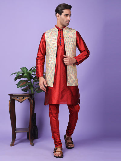 Hangup Men Partywear Embroidered  Cream Kurta Pyjama with Nehru Jacket set