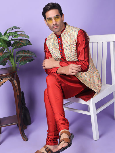 Hangup Men Partywear Embroidered  Cream Kurta Pyjama with Nehru Jacket set