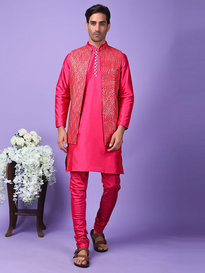 Hangup Men Partywear Embroidered  Pink Kurta Pyjama with Nehru Jacket set