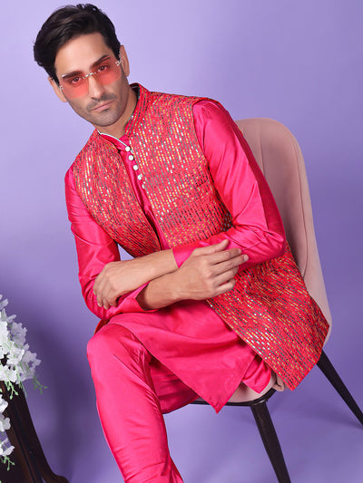 Hangup Men Partywear Embroidered  Pink Kurta Pyjama with Nehru Jacket set