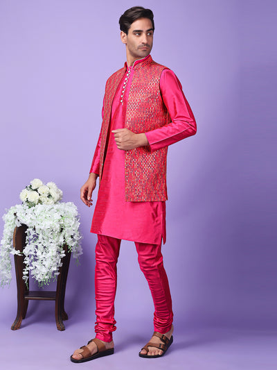 Hangup Men Partywear Embroidered  Pink Kurta Pyjama with Nehru Jacket set