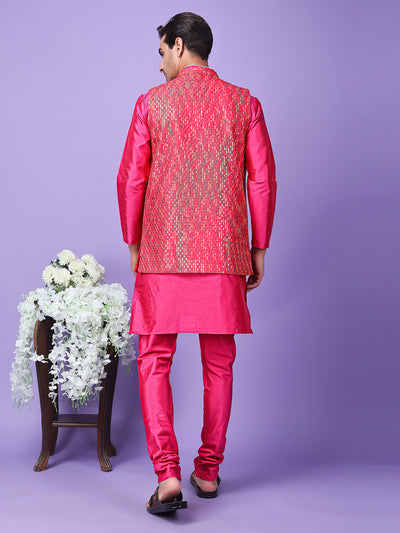 Hangup Men Partywear Embroidered  Pink Kurta Pyjama with Nehru Jacket set