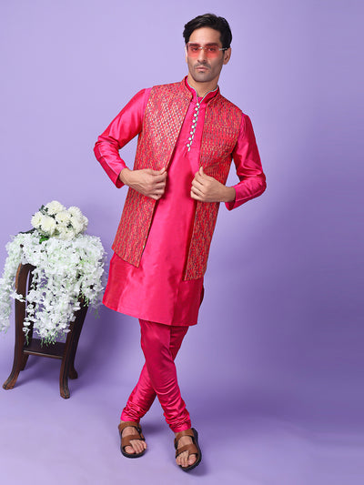 Hangup Men Partywear Embroidered  Pink Kurta Pyjama with Nehru Jacket set