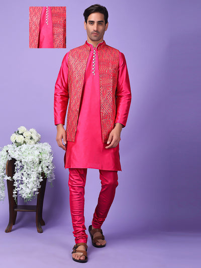Hangup Men Partywear Embroidered  Pink Kurta Pyjama with Nehru Jacket set