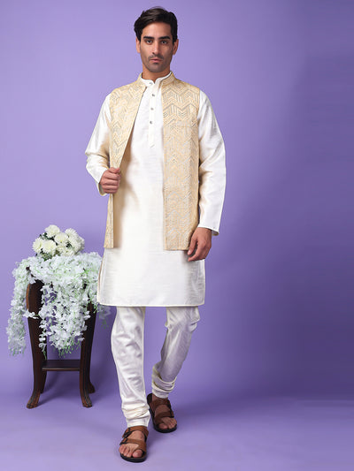 Hangup Men Partywear Embroidered  Beige Kurta Pyjama with Nehru Jacket set