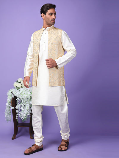 Hangup Men Partywear Embroidered  Beige Kurta Pyjama with Nehru Jacket set