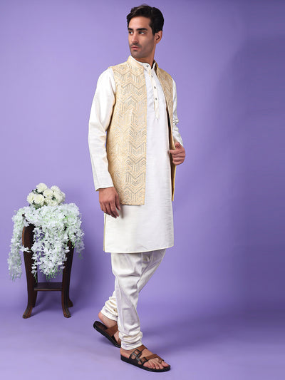 Hangup Men Partywear Embroidered  Beige Kurta Pyjama with Nehru Jacket set