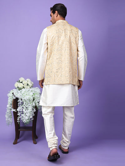 Hangup Men Partywear Embroidered  Beige Kurta Pyjama with Nehru Jacket set