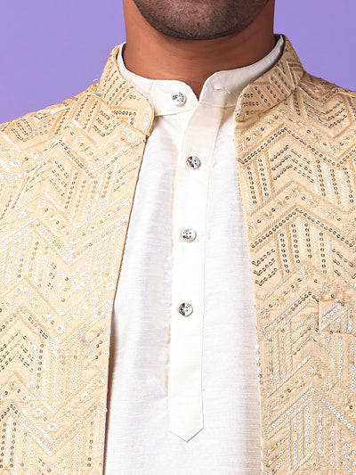 Hangup Men Partywear Embroidered  Beige Kurta Pyjama with Nehru Jacket set