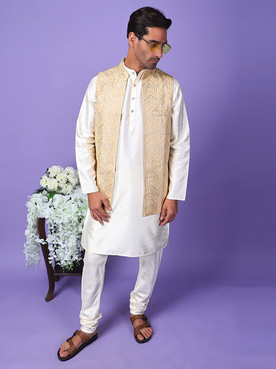 Hangup Men Partywear Embroidered  Beige Kurta Pyjama with Nehru Jacket set