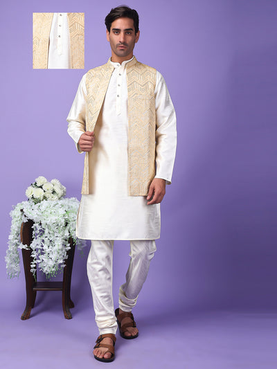 Hangup Men Partywear Embroidered  Beige Kurta Pyjama with Nehru Jacket set