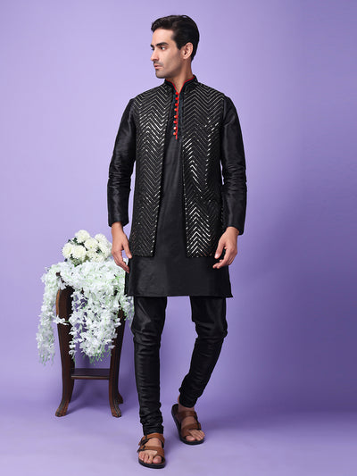 Hangup Men Partywear Embroidered  Black Kurta Pyjama with Nehru Jacket set