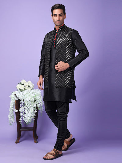 Hangup Men Partywear Embroidered  Black Kurta Pyjama with Nehru Jacket set