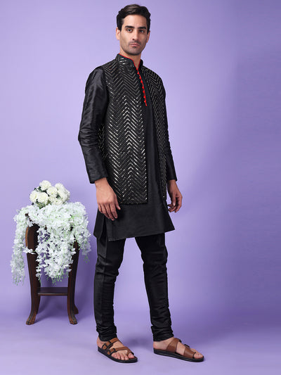 Hangup Men Partywear Embroidered  Black Kurta Pyjama with Nehru Jacket set