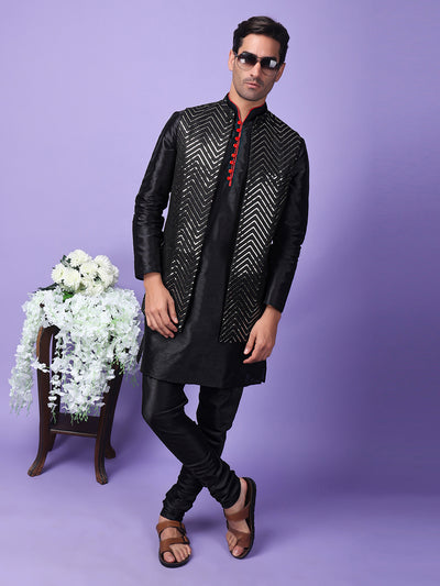 Hangup Men Partywear Embroidered  Black Kurta Pyjama with Nehru Jacket set