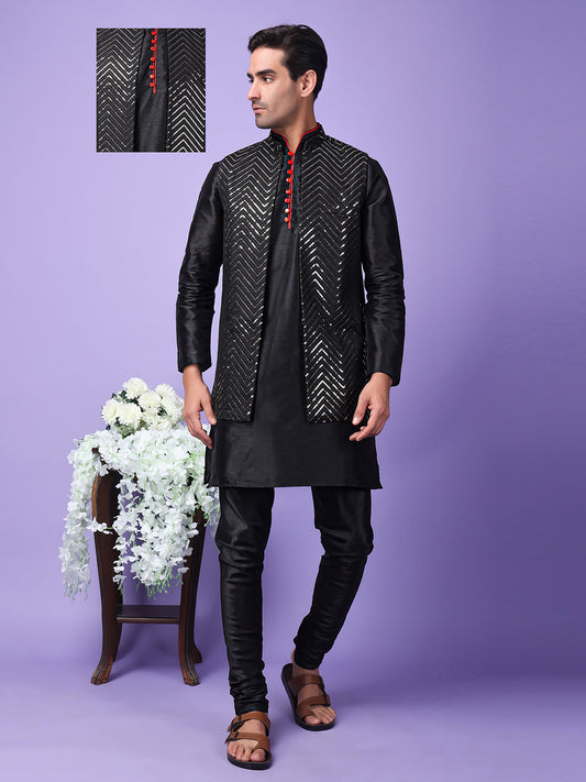 Hangup Men Partywear Embroidered  Black Kurta Pyjama with Nehru Jacket set