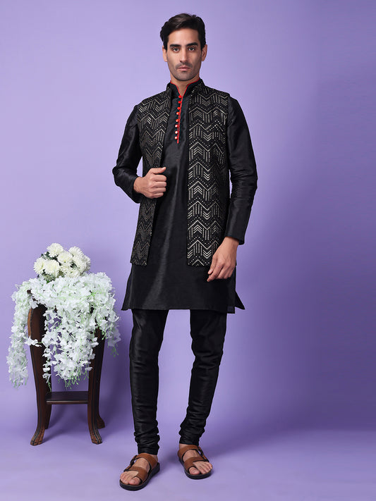 Hangup Men Partywear Embroidered  Black Kurta Pyjama with Nehru Jacket set