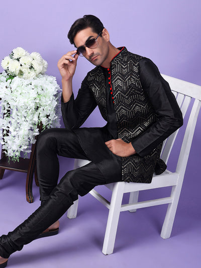 Hangup Men Partywear Embroidered  Black Kurta Pyjama with Nehru Jacket set