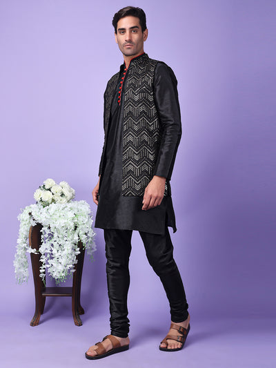 Hangup Men Partywear Embroidered  Black Kurta Pyjama with Nehru Jacket set