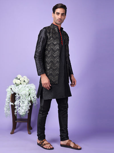 Hangup Men Partywear Embroidered  Black Kurta Pyjama with Nehru Jacket set