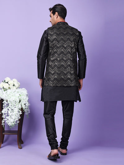 Hangup Men Partywear Embroidered  Black Kurta Pyjama with Nehru Jacket set