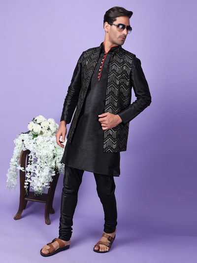 Hangup Men Partywear Embroidered  Black Kurta Pyjama with Nehru Jacket set