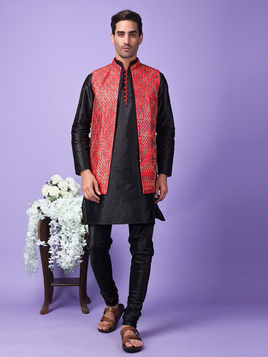 Hangup Men Partywear Embroidered  Pink Kurta Pyjama with Nehru Jacket set