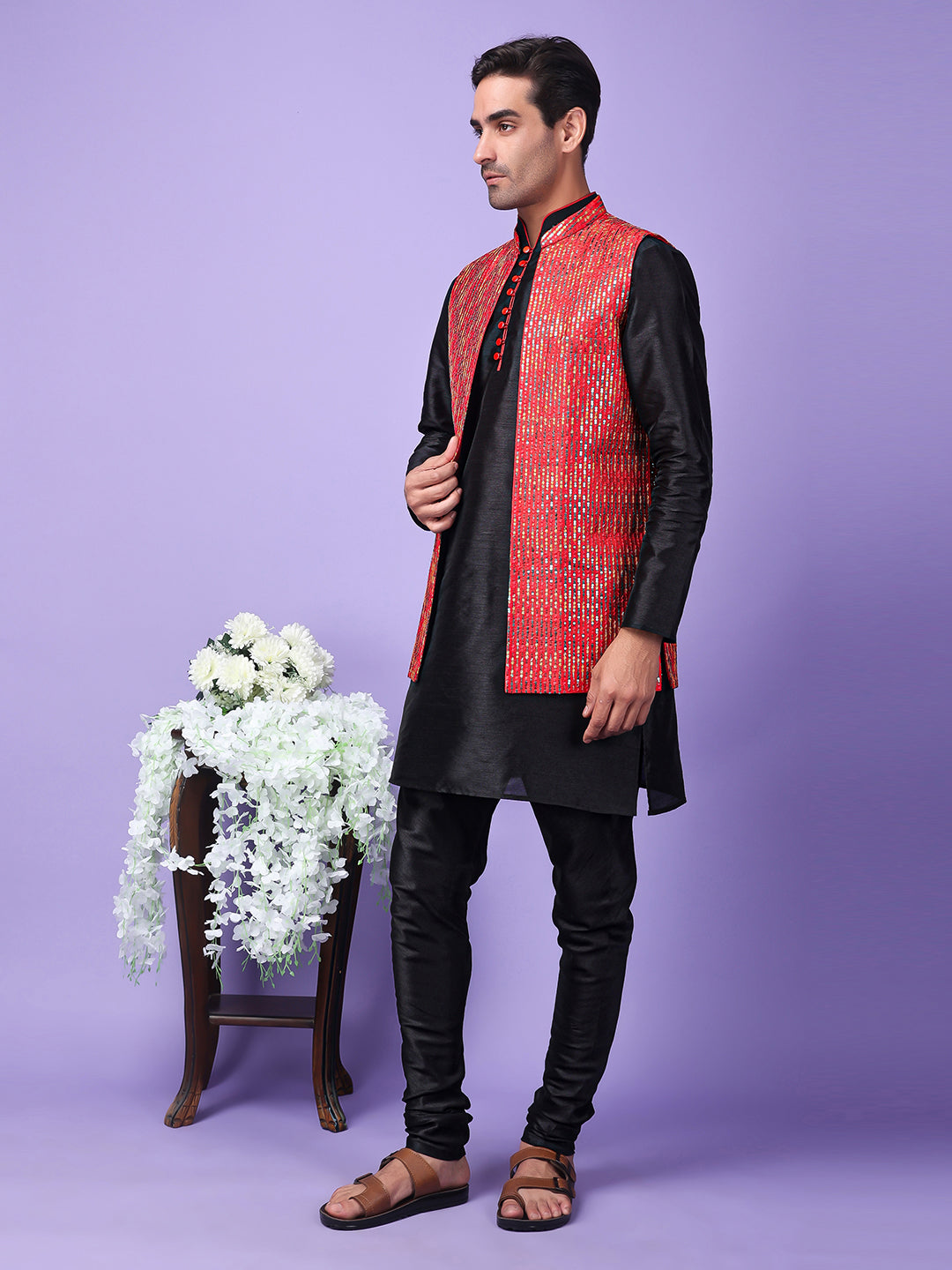 Hangup Men Partywear Embroidered  Pink Kurta Pyjama with Nehru Jacket set