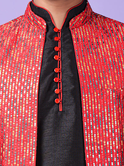 Hangup Men Partywear Embroidered  Pink Kurta Pyjama with Nehru Jacket set