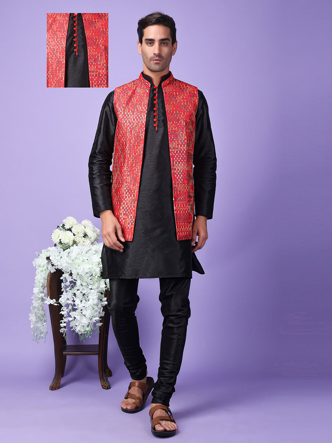 Hangup Men Partywear Embroidered  Pink Kurta Pyjama with Nehru Jacket set