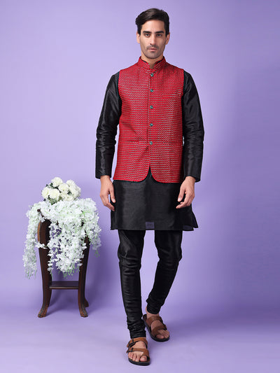 Hangup Men Partywear Embroidered  Red Kurta Pyjama with Nehru Jacket set