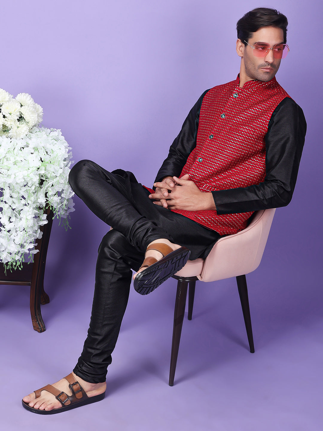 Hangup Men Partywear Embroidered  Red Kurta Pyjama with Nehru Jacket set