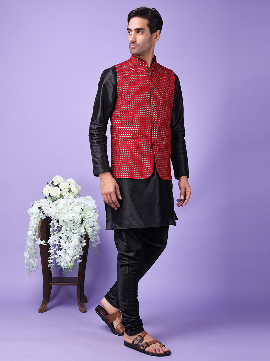 Hangup Men Partywear Embroidered  Red Kurta Pyjama with Nehru Jacket set