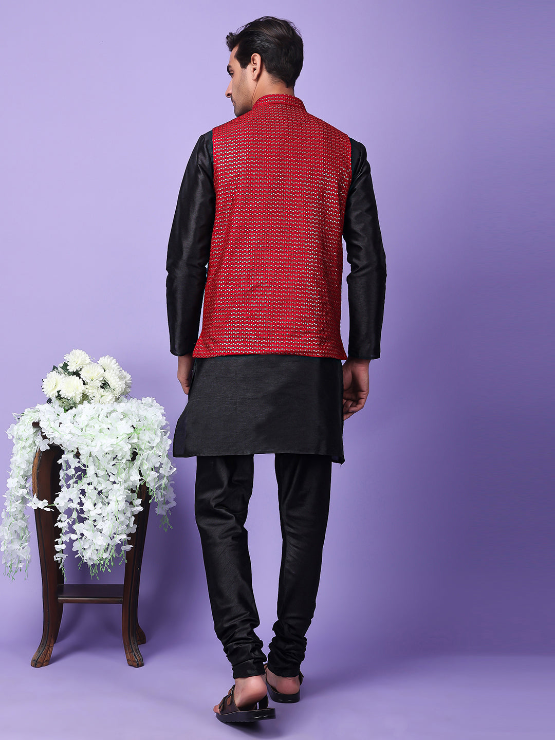 Hangup Men Partywear Embroidered  Red Kurta Pyjama with Nehru Jacket set