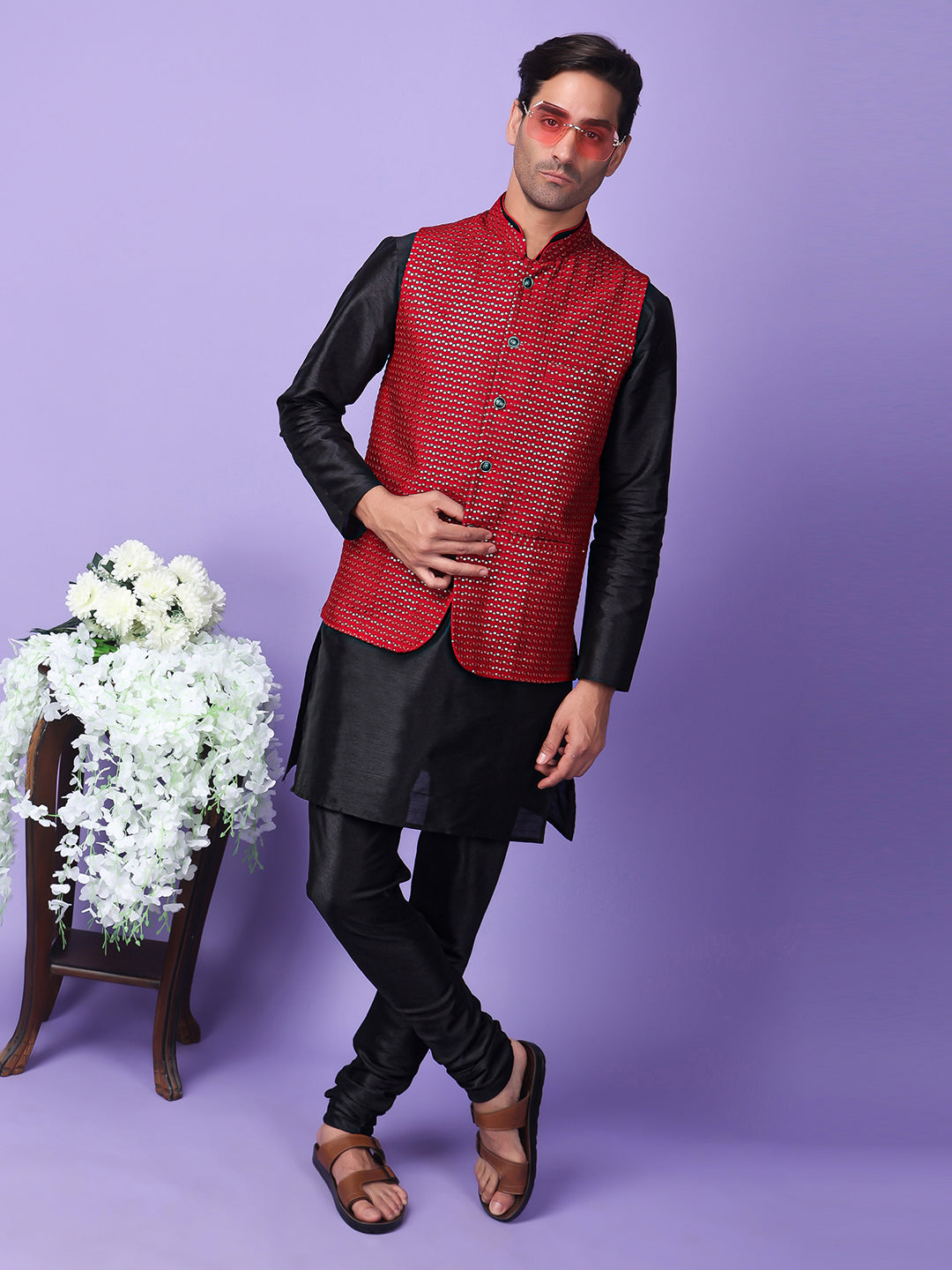 Hangup Men Partywear Embroidered  Red Kurta Pyjama with Nehru Jacket set