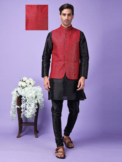 Hangup Men Partywear Embroidered  Red Kurta Pyjama with Nehru Jacket set