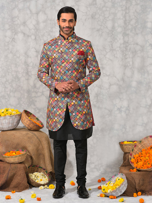 Hangup Men's Ethnic Indo Sherwani with Kurta Pyjama Set