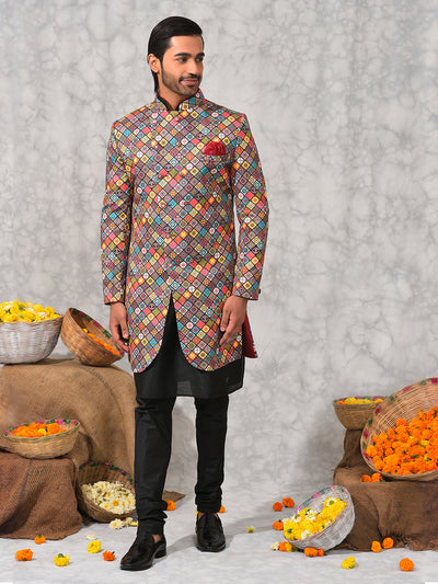 Hangup Men's Ethnic Indo Sherwani with Kurta Pyjama Set