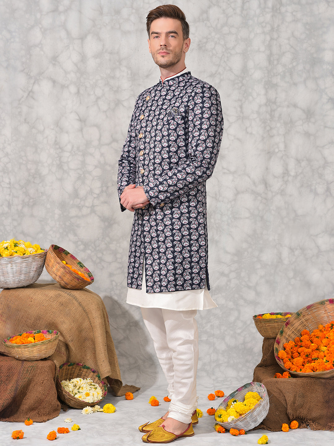 Hangup Men's Ethnic Indo Sherwani with Kurta Pyjama Set