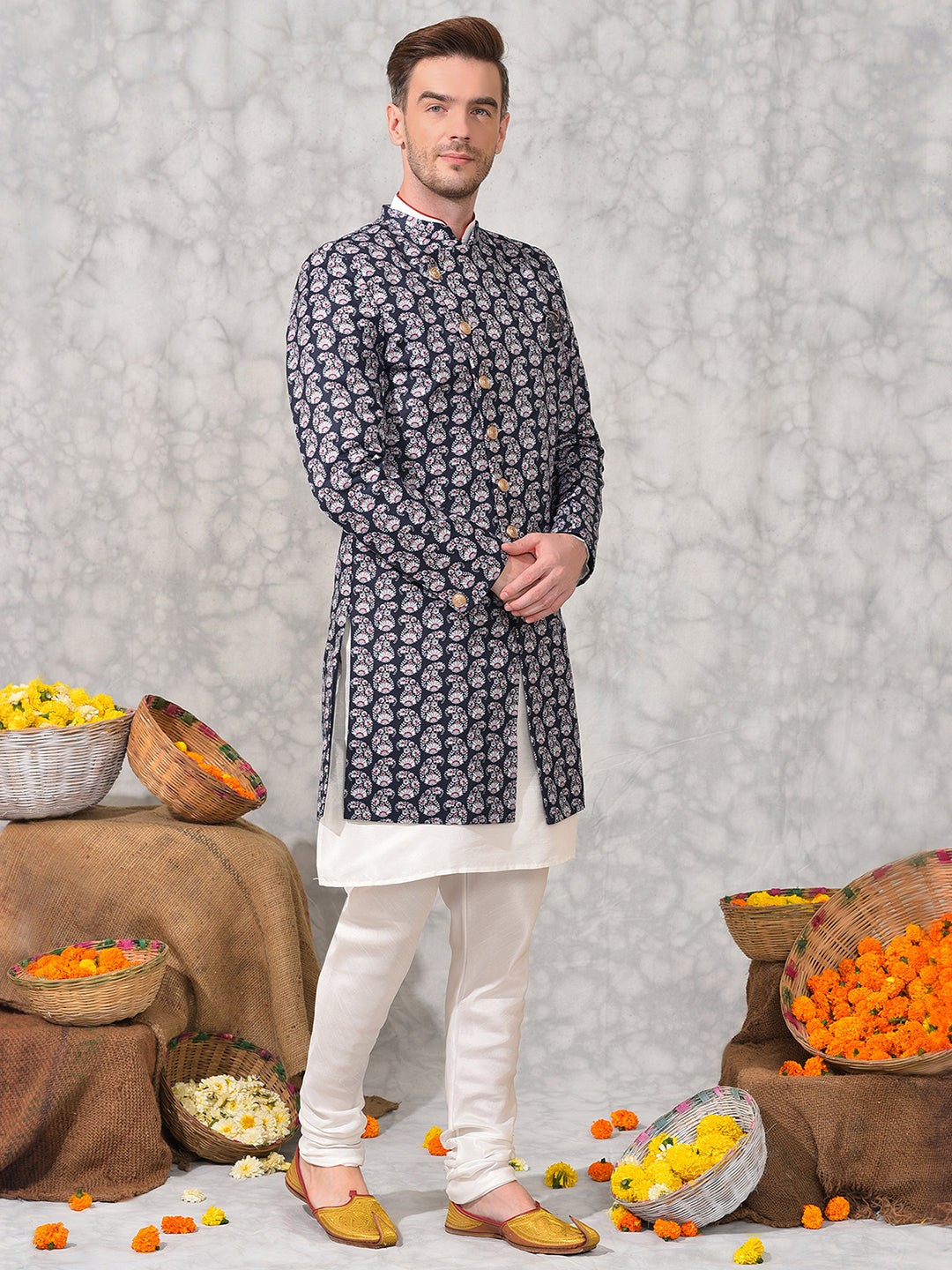 Hangup Men's Ethnic Indo Sherwani with Kurta Pyjama Set