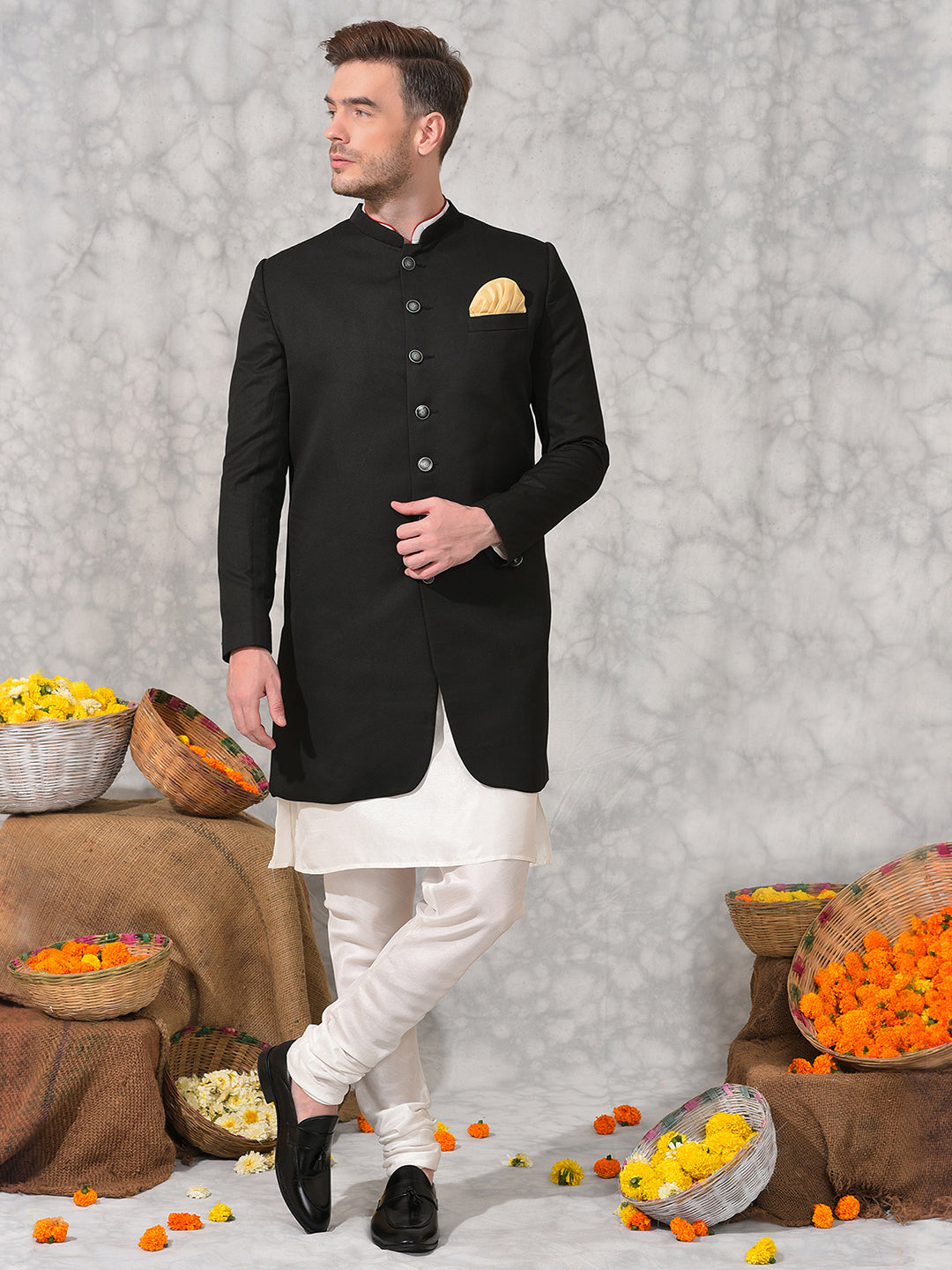 Hangup Men's Ethnic Indo Sherwani with Kurta Pyjama Set