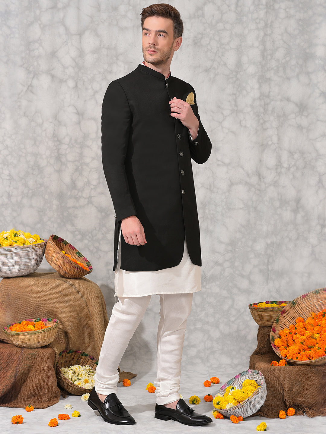 Hangup Men's Ethnic Indo Sherwani with Kurta Pyjama Set