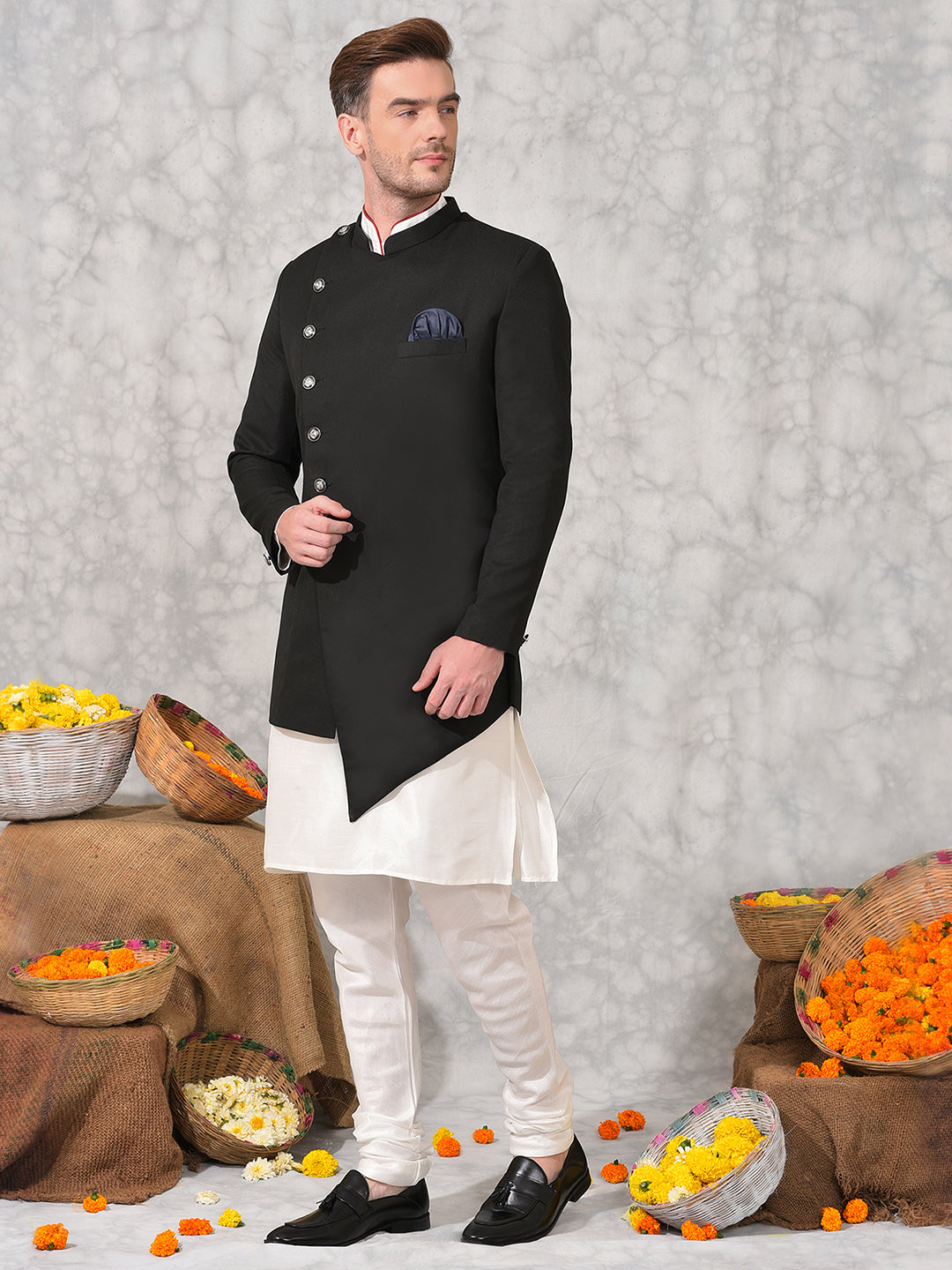 Hangup Men's Ethnic Indo Sherwani with Kurta Pyjama Set